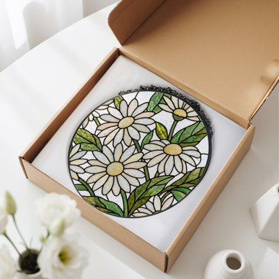 12"H Daisy Floral Stained Glass Window Panel