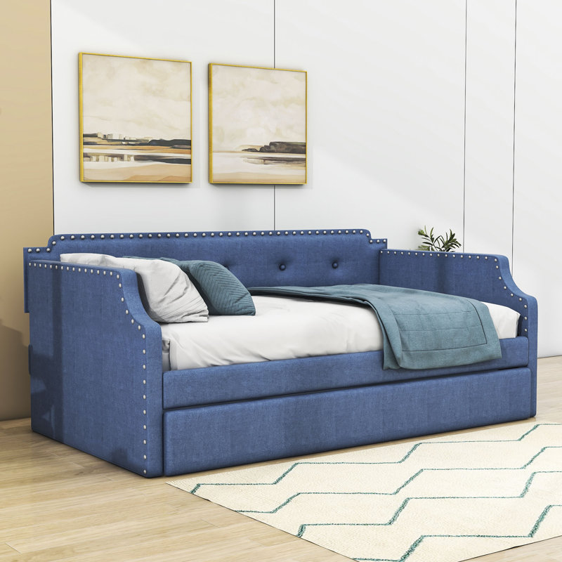 Ronette Twin Upholstered Daybed with Twin Size Trundle, Blue