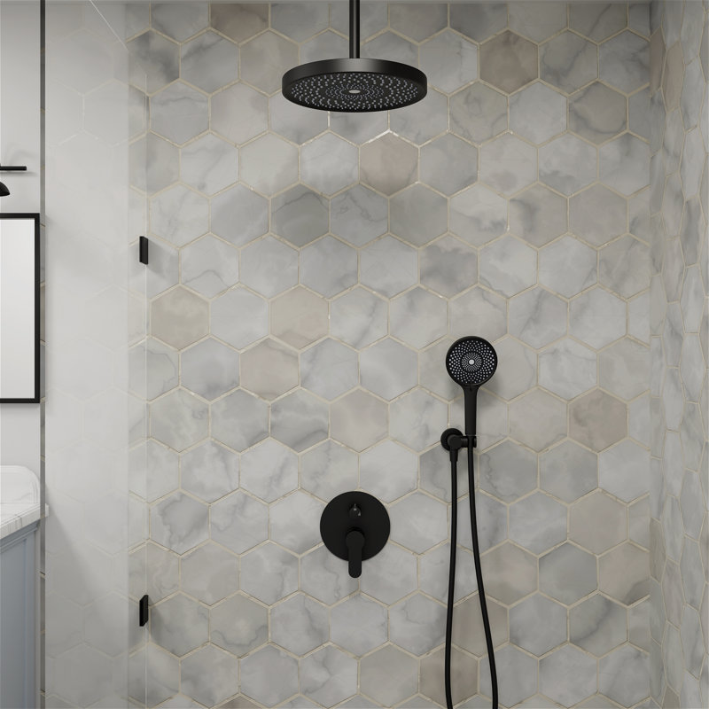 Systèmes de douche avec douche à effet pluie de 12 po et douchette à main haute pression, Noir mat