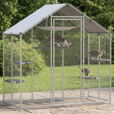 Large Catio Outdoor Cat Enclosure, Galvanized Steel Walk-in Cat Patio for Multiple Kittens, Outdoor Kitty Cage with Waterproof Cover, 5 Adjustable Platforms, Hammock, Chicken Coop Pointed Roof