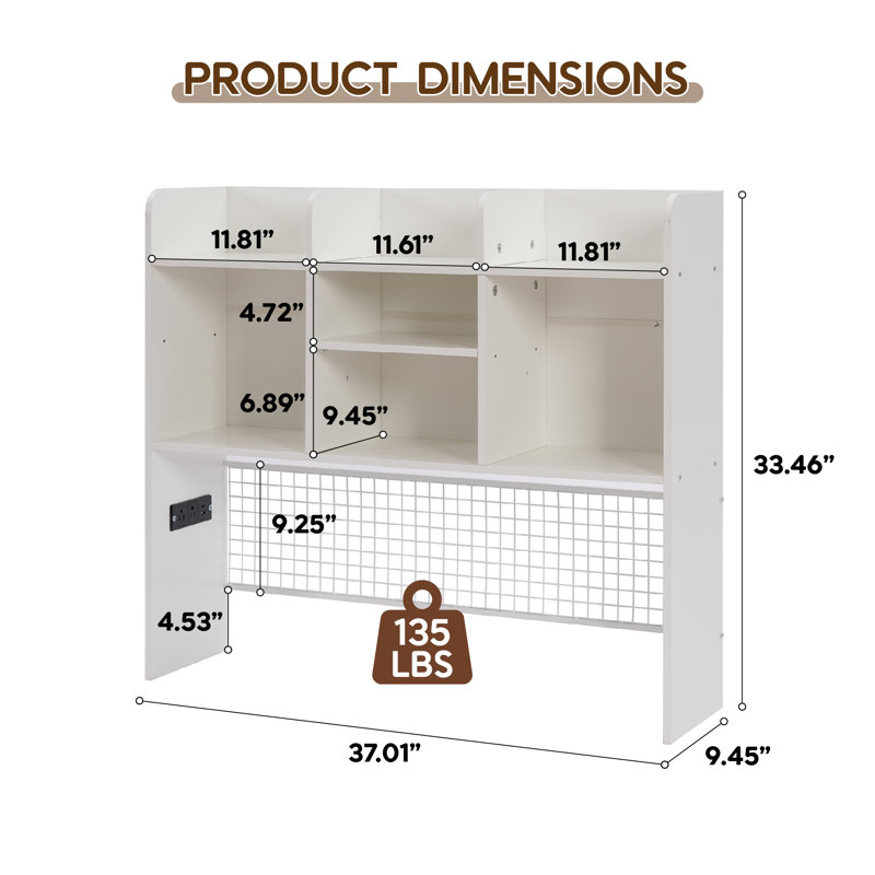 Furnier Desktop Bookshelf With 7-compartment Organizer & Grid Panel, White