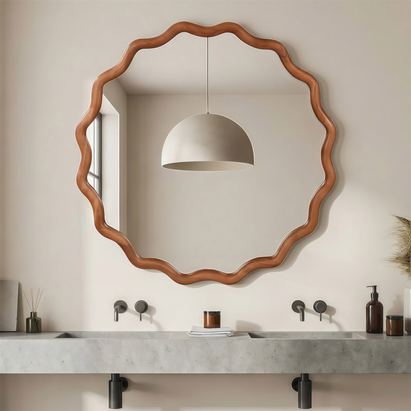 Miroir décoratif rond en bois massif ondulé brun jaunâtre de 24 pouces, pour la chambre à coucher, la salle de bain, le salon, le vestibule