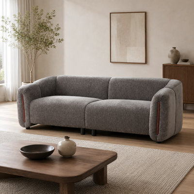 Canapé 3 places moderne incurvé de 222 cm de large, canapé profond rembourré avec larges accoudoirs et finitions en bois, canapé bas pour salon, gris