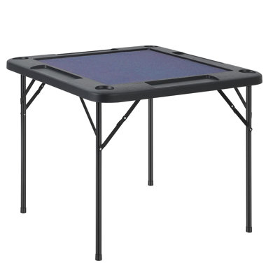 Folding Square Mahjong Table for 4 Players - Portable Game Desk with Blue Felt Surface, Cup Holders & Chip Trays - Ideal for Mahjong, Poker, Dominoes, Puzzles - 100cm Black
