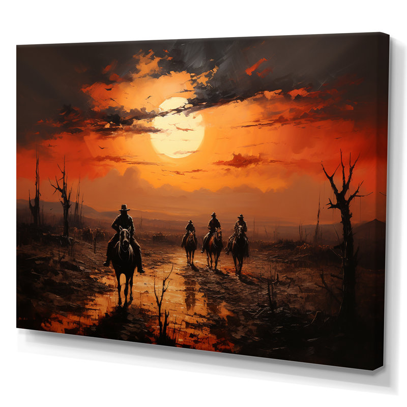 Western Sunset Riders Pointillism Art I - décoration murale occidentale, H 16 po x l 32 po x P 1 po, Toile tendue