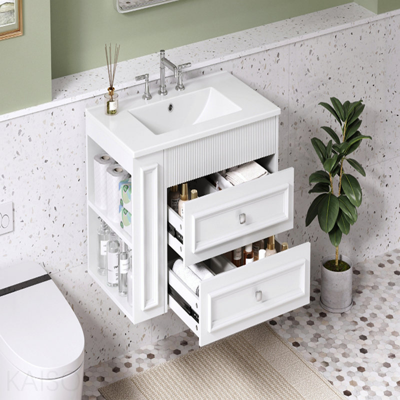 Meuble-lavabo mural de 30 po, armoire de rangement flottante avec 2 tiroirs, lavabo simple en céramique à 3 trous, armoire moderne.