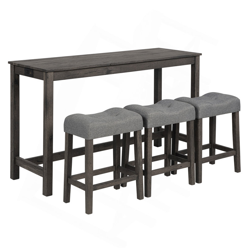 4 Piece Bar Table Set With Power Outlet,Bar Table Set With Chairs,Sofa Bar Table With Stools,Behind Couch Table With 3 Padded Stools,For Living Room,Dining Room, Dark Grey
