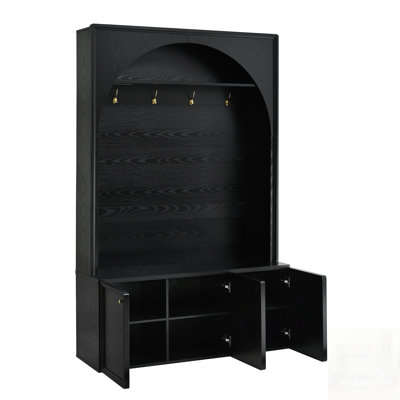 Farmhouse All-In-One Hall Tree With Adjustable Shelves, Retro Arched Entryway Storage Bench, And 4 Golden Hooks