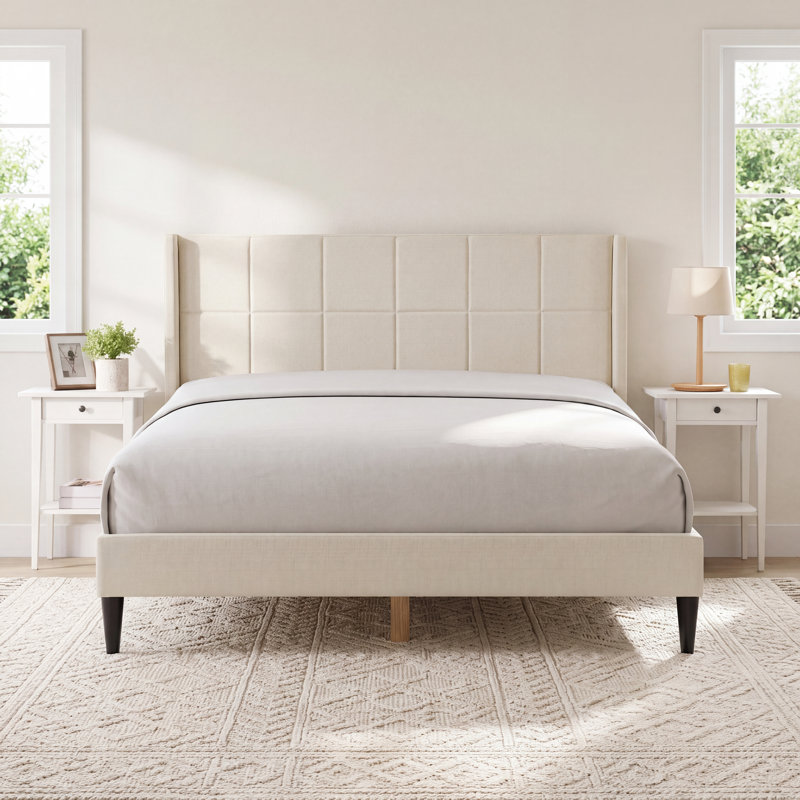 Luma Queen Upholstered Wingback Platform Bed, Beige, Queen