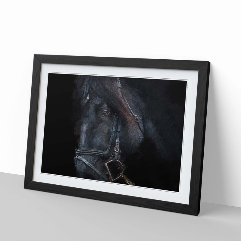 Enchanting Black Stallion Horse - Picture Frame Painting Print, 27cm H x 36cm W x 2cm D, Black Framed