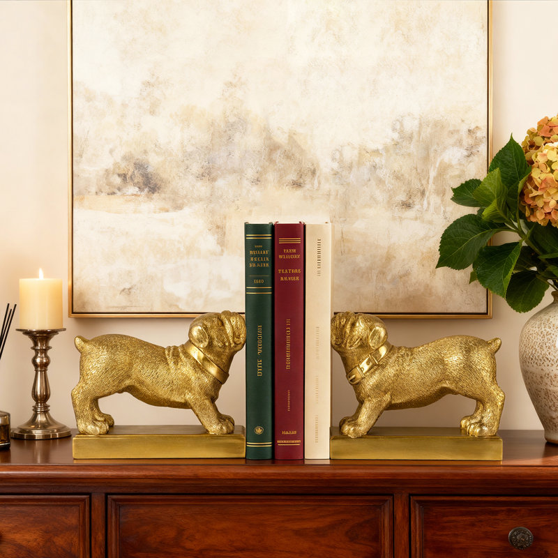 Set Of 2 Gold Bulldog Bookends, Gold