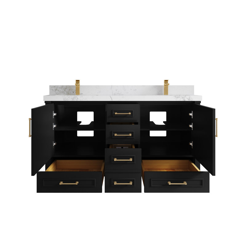 Ensemble de meuble-lavabo double 60 po Aberdeen, Calacatta Nuvo, Noir