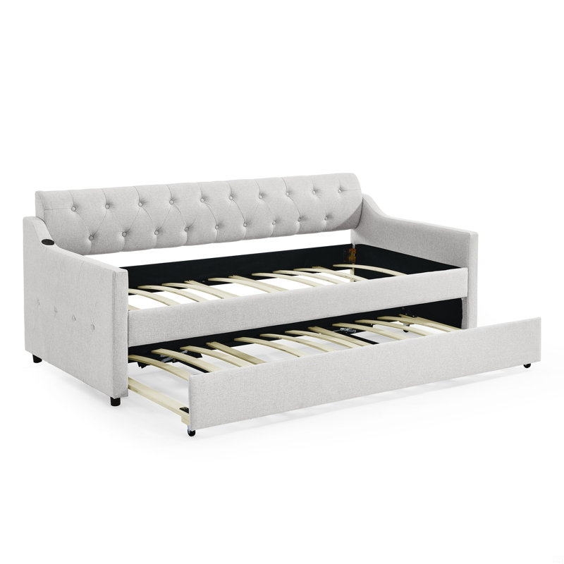 Upholstery DayBed with Erectable Trundle and USB Charging Design, Beige, Twin