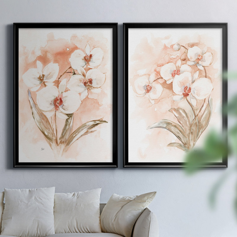 «White and Coral Orchid I», ensemble de 2 peintures sur toiles, H 30,5 po x l 42,5 po x P 3 po, Toile avec cadre noir