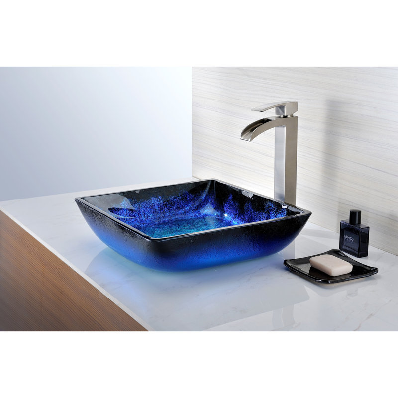 ANZZI Viace 15.125'' Tempered Glass Square Bathroom Sink with Faucet, Brushed Nickel