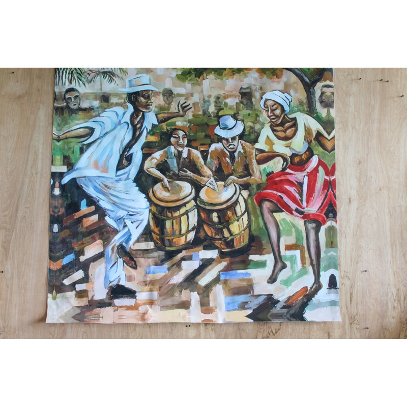 Peinture de scène de rue Afro Caribbean avec tambour et danseurs, 58 po x 58 po
