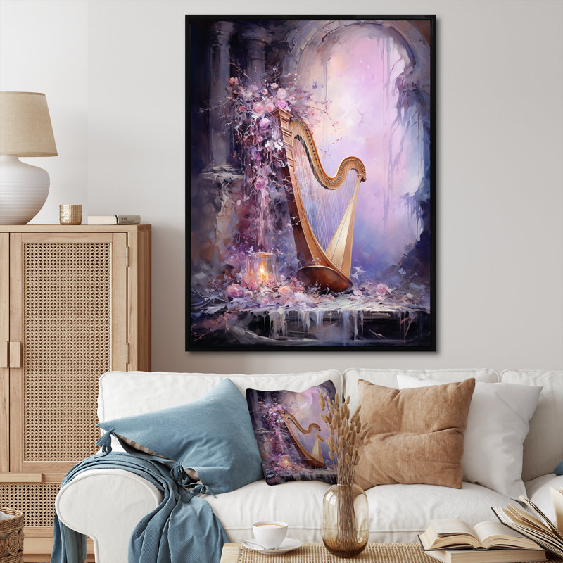 Lyre Lore Mythical Mauve sur toile, Cadre flottant noir, 20" H x 12" W