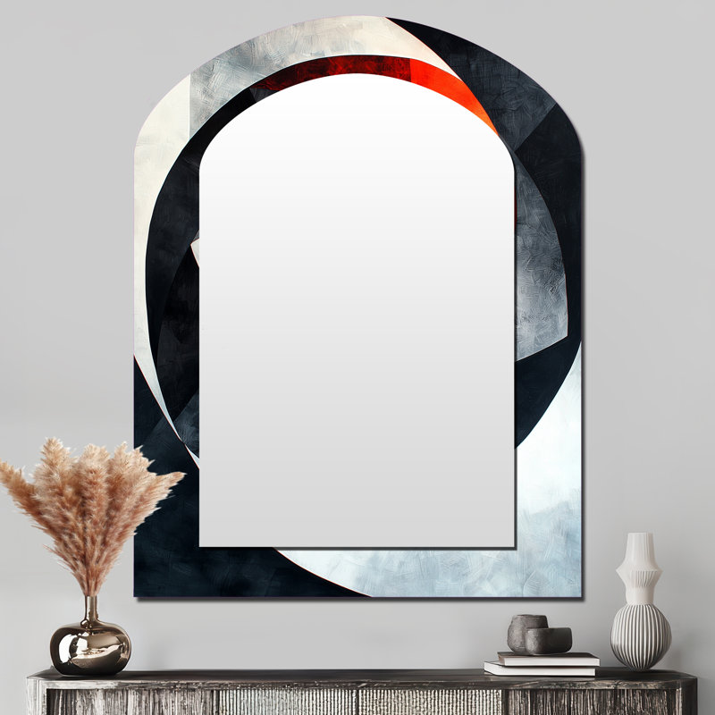 Black And Orange Tornado Of Abstract I - Abstract Spirals Arch Mirror, Red Asymmetrical Unique Wall Mirror, Printed Metal Art