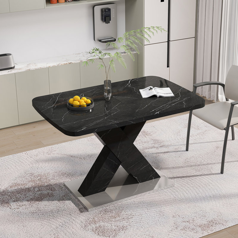 Table de salle à manger moderne carrée, extensible, avec plateau de table en marbre imprimé et panneau de fibres à densité moyenne