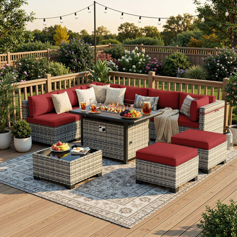 10-Piece Outdoor Patio Conversation Set With 55,000 BTU Propane Fire Pit Table, Wicker Sectional Sofa, 2 Ottomans & Coffee Table