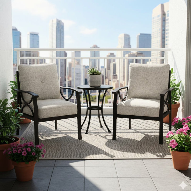 Ensemble de 2 fauteuils en métal au design moderne, avec structure kaki et coussins beiges. Faciles d'entretien, ils offrent un soutien ergonomique individuel idéal pour une utilisation à l'extérieur et une détente optimale dans les petits espaces.