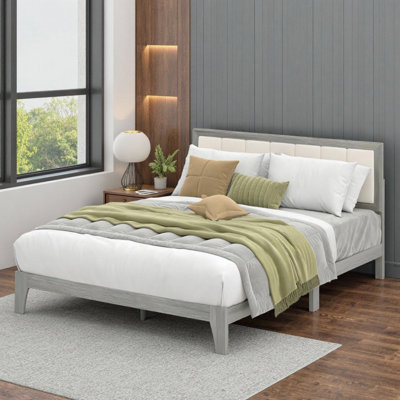 Structure de lit plateforme tapissier grand avec espace de rangement, tête de lit en tissu de style nordique, aucun sommier nécessaire, mobilier de chambre moderne