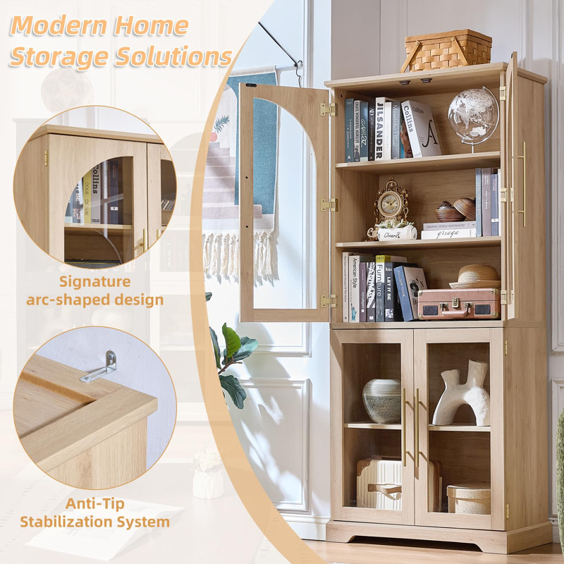 72" Tall Bookshelf with 4 Curved Glass Doors, Farmhouse Bookcase with 3-Tier Adjustable Shelves, Modern Living Room Display Cabinet, Large Storage Cabinet for Home Office,Dining Room (Natural)