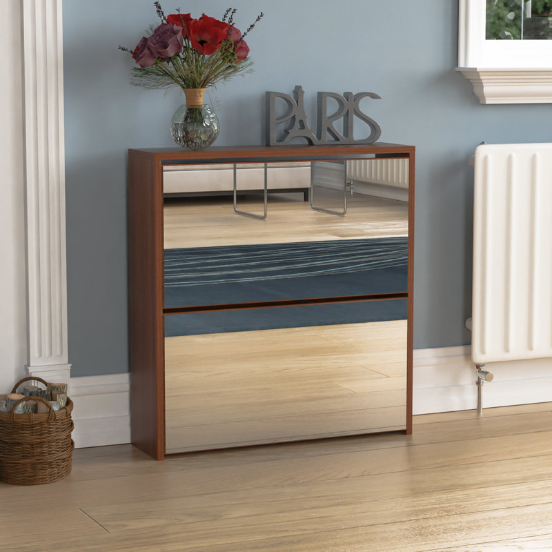 Muskoka 2 Drawer Mirrored Flip Down Shoe Storage Cabinet Free Standing Cabinet For Hallway, Walnut