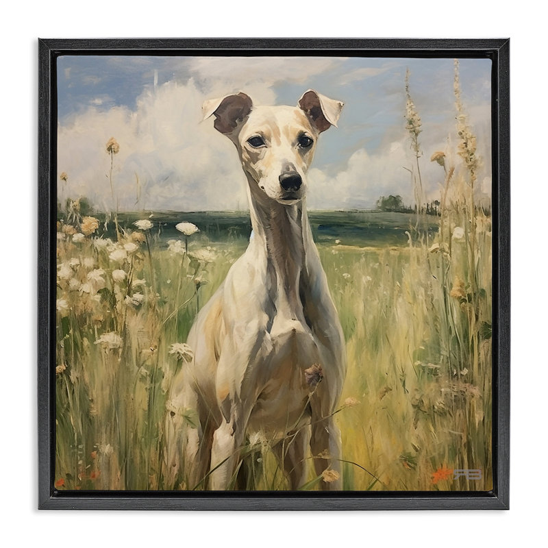 «Greyhound Dog Landscape», toile encadrée flottante noire par Roozbeh Bahramali, Cadre flottant noir de jais