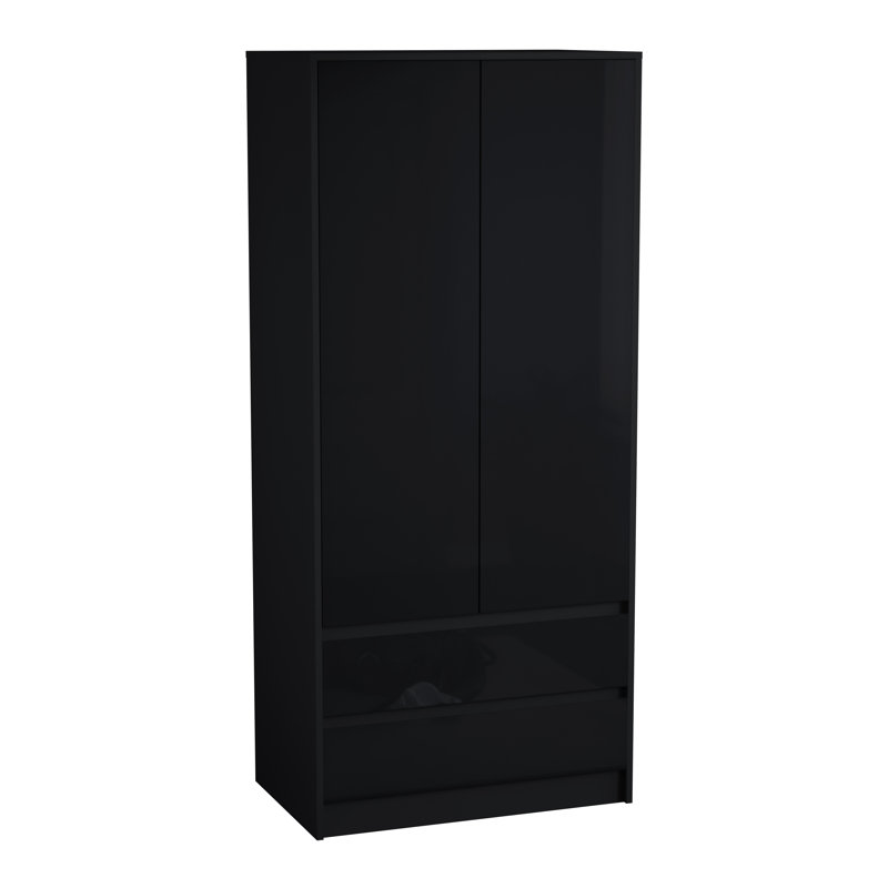 2 Door 2 Drawer High Gloss Wardrobe, (FSC 100%) Bedroom Home Clothing Storage Furniture, Black