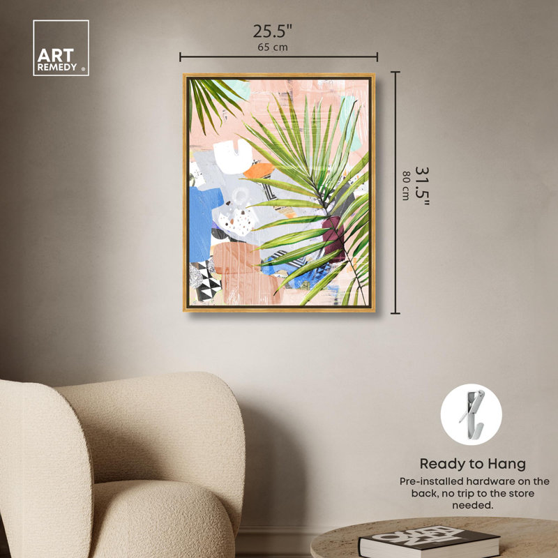 Art tropical sur toile de rosé tropical, Cadre doré, H 31 po x l 25 po