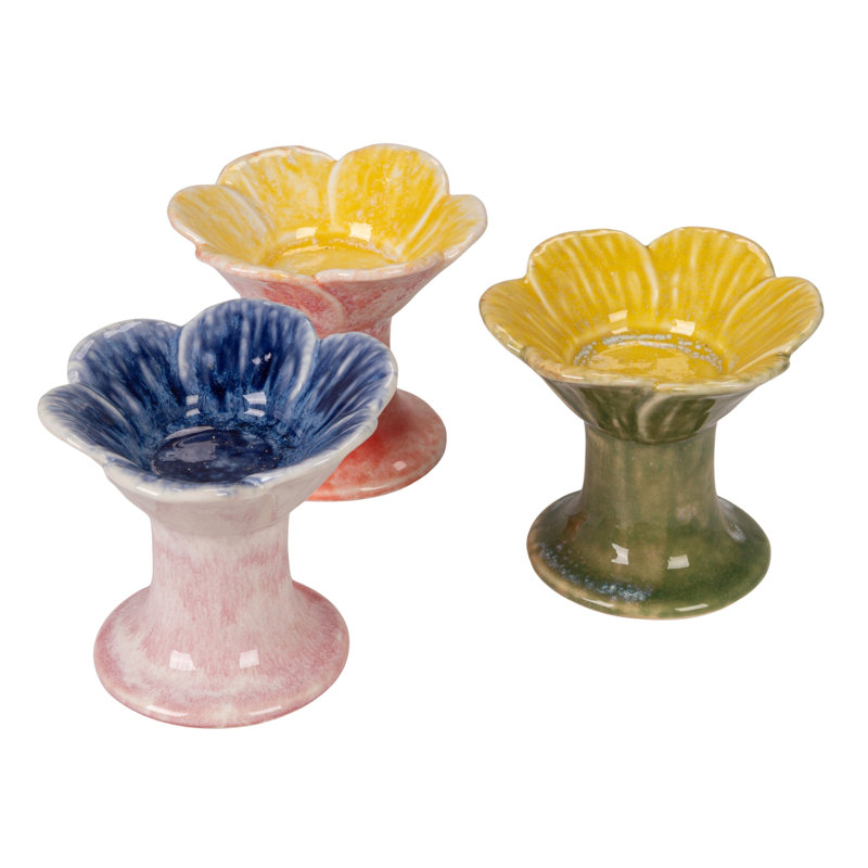 Stoneware Flower Shaped Tealight Holders In Reactive Glaze