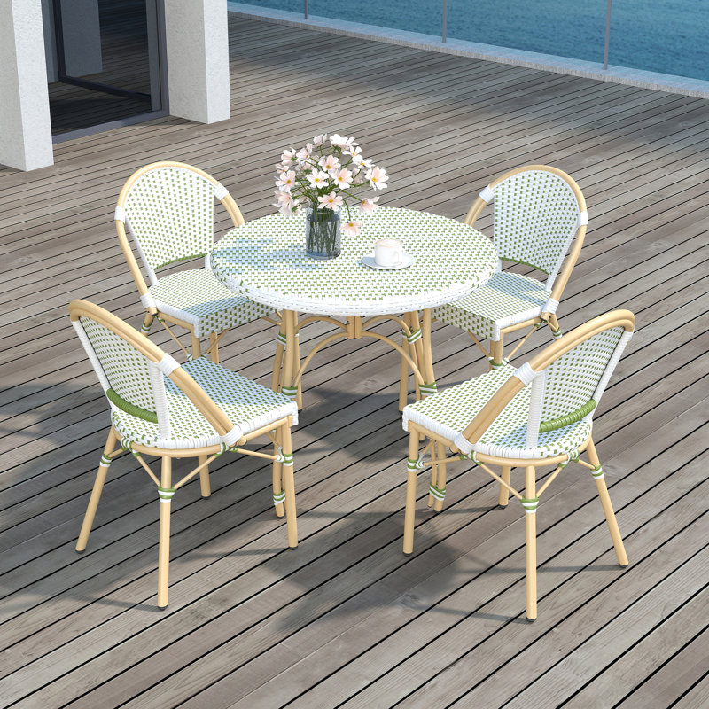 Modern Dining Set With Round Rattan Dining Table And Rattan Dining Chairs For Dining Room, Patio, Green