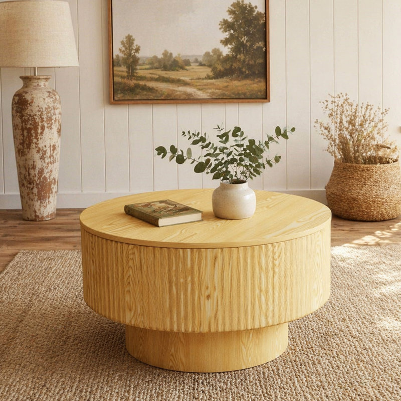 Table basse de 29,53 po en bois aggloméré moderne avec motif à rayures circulaires et espace de rangement, convenant à la maison et à la cuisine (bois)