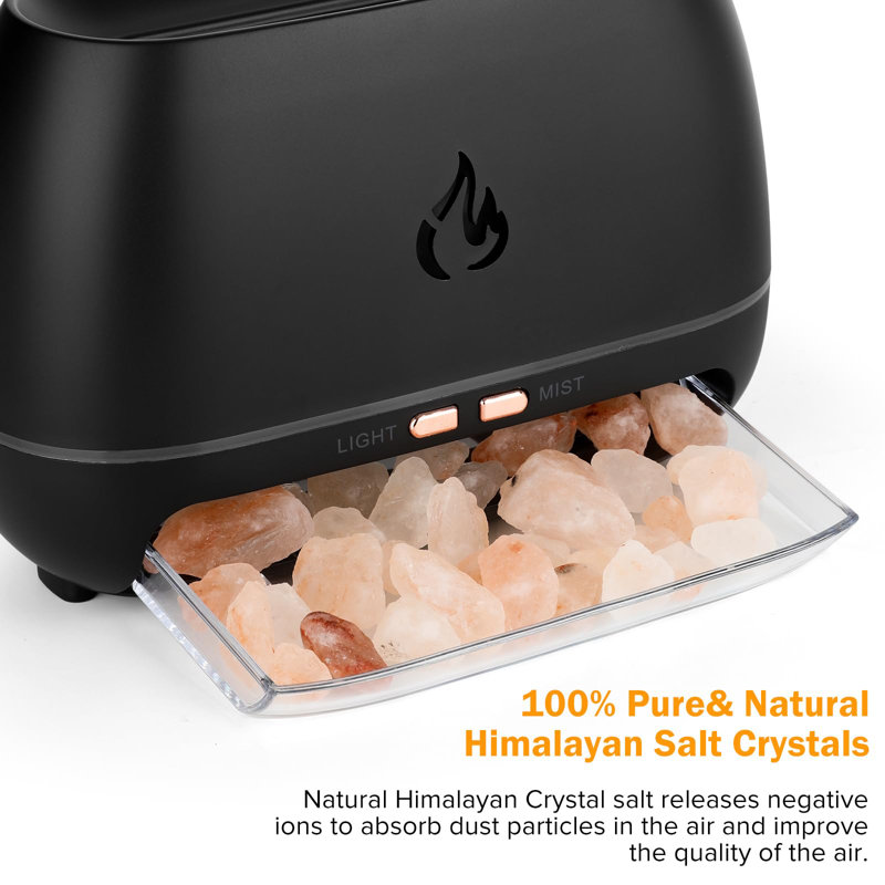 3-in-1 Himalayan Salt Rock Diffuser, Ultrasonic Essential Oil, Simulation Flame, 7 Colour Changing, 200ml Black Aroma Diffuser