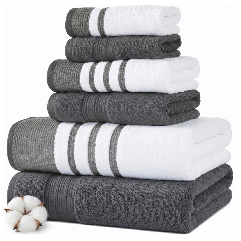 Modern Threads 6 Piece Set, 2 Bath Towels, 2 Hand Towels, 2 Washcloths, Quick Dry White/Contrast Reinhart, Coal