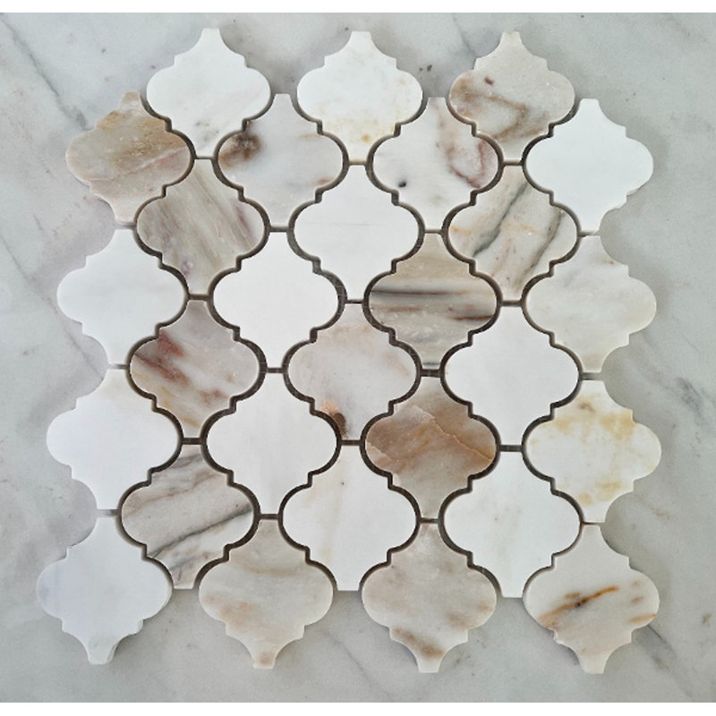 2.75" x 3" White Marble Arabesque Lantern Pattern Natural Stone Mosaic Tile, White/Gray