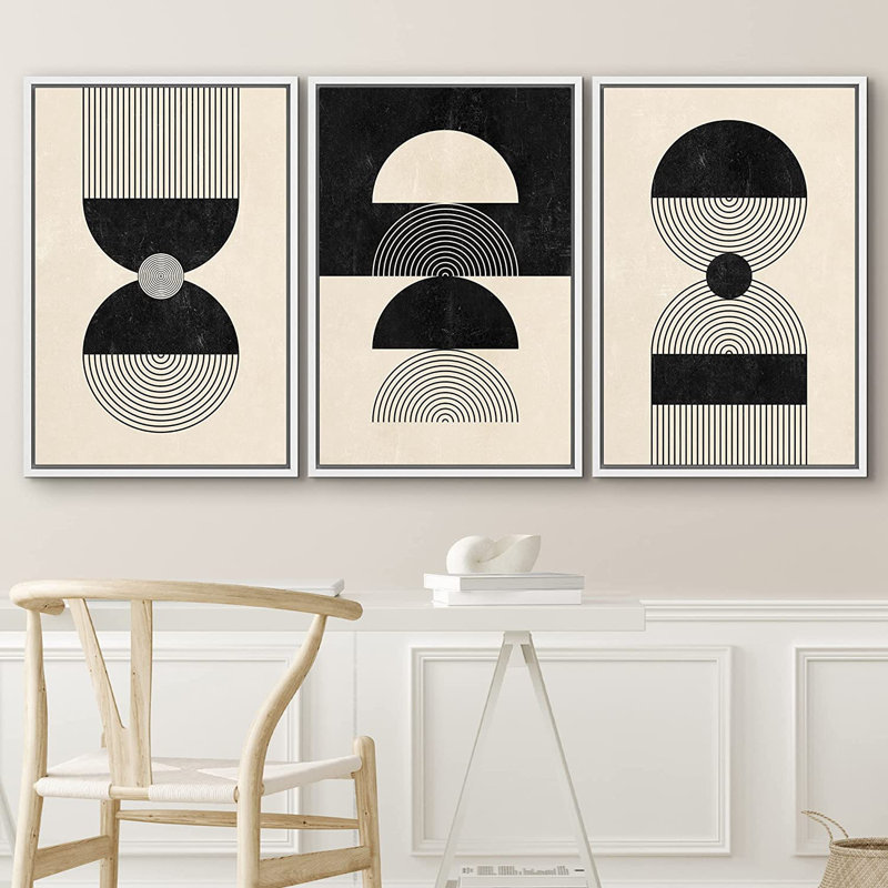 Ensemble de 3 reproductions d'art sur toile encadrées de motifs abstraits de style Mid-Century Boho, Blanc