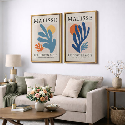 Classical Artwork "Henri Matisse Berggruen And Cie Inspired Modern Artwork, Abstract Vibrant Blue Orange Wall Pictures, Framed Canvas Giclée Print 2 Pieces Wall Art"