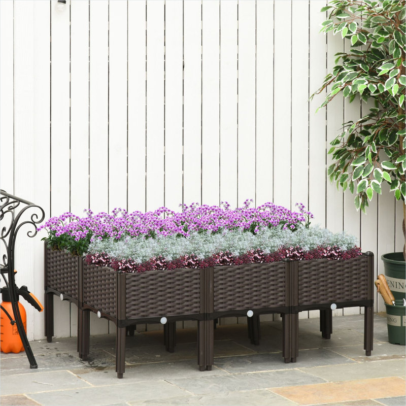 Ensemble de 6 boîtes à fleurs surélevées en plastique surélevées avec pieds en plastique, motif de rotin brun chaud, conception carrée modulaire pour patio, fleurs, herbes, légumes