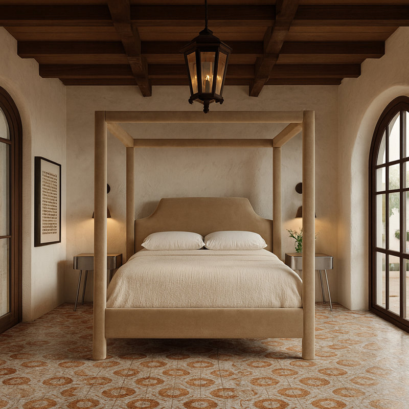 Dawson Velvet Upholstered Bed, Beige Velvet, Full / Double