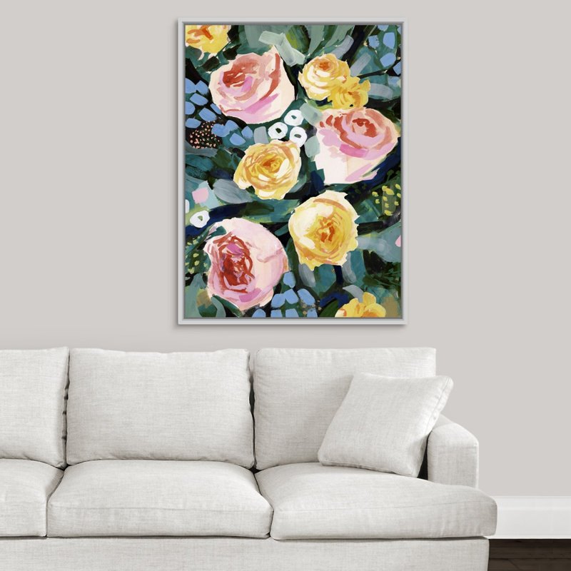 « fleur mélangée ii », peinture sur toile, H 17,7 po x l 13,7 po x P 1,75 po, Cadre flottant blanc