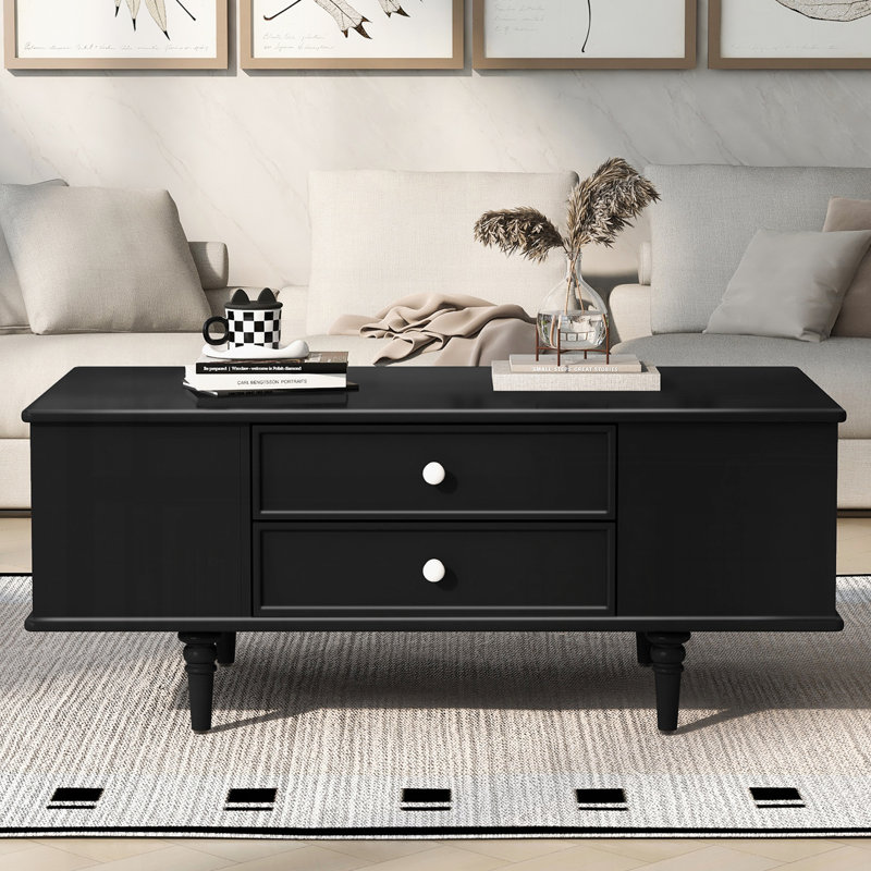 Table basse rectangulaire avec quatre tiroirs et deux compartiments de rangement cachés, Noir