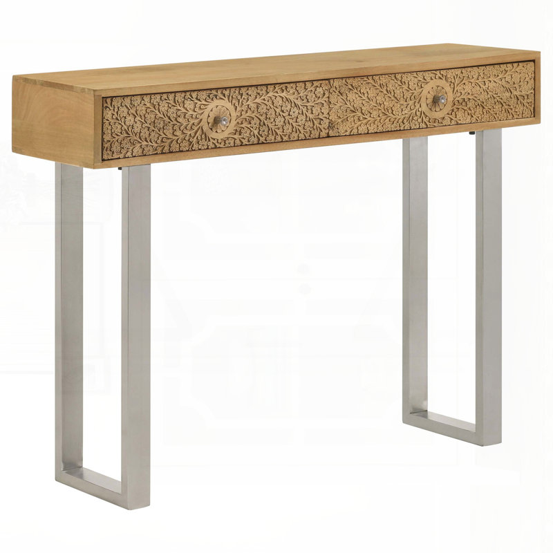 Console naturelle et argentée avec 2 tiroirs - base luge, 42 pouces de large