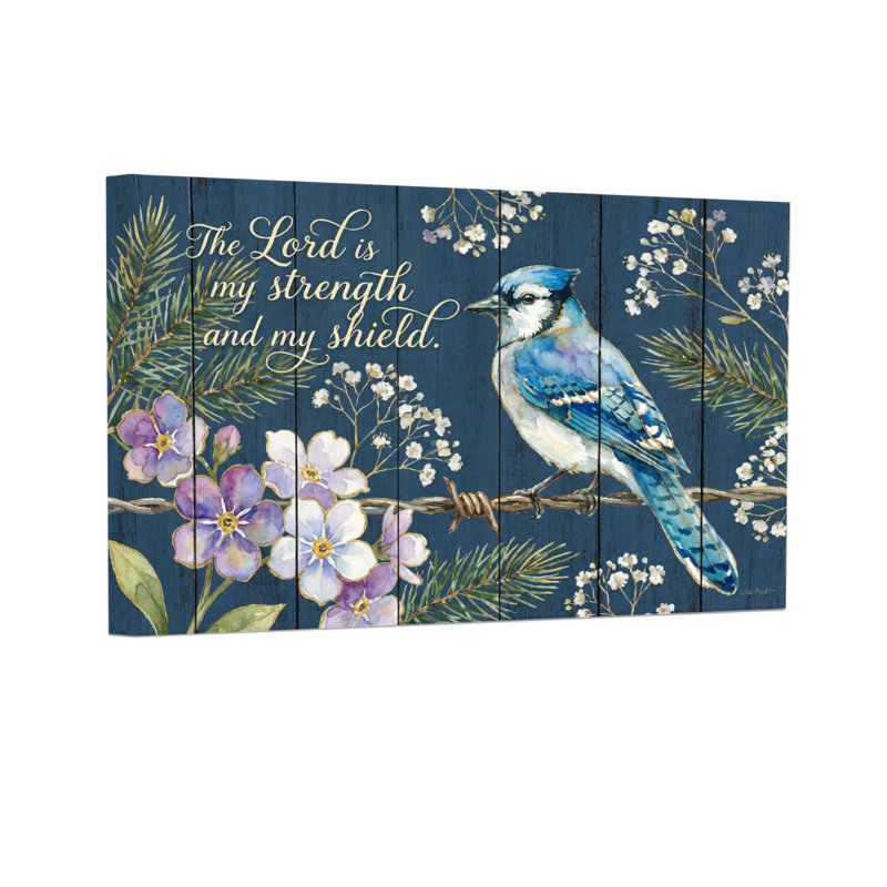 Texte et chiffres Fleurs de geai bleu, branches de pin, texte biblique, H 32 po x l 48 po