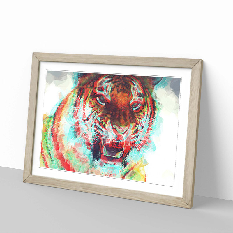 Roaring Tiger in Abstract - Picture Frame Painting Print, 35cm H x 50cm W x 2cm D, Oak