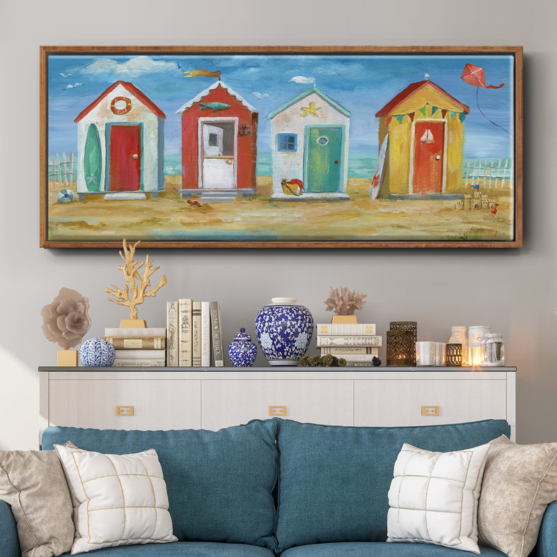 Bright Beach Huts- Framed Canvas, 20" H x 50" W
