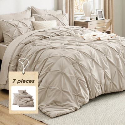 Bedsure King Burgundy Pintuck Bed-in-a-Bag - Beige Pinch Pleat Comforter Set with Sheets, Pillowcases & Shams (Set of 7)