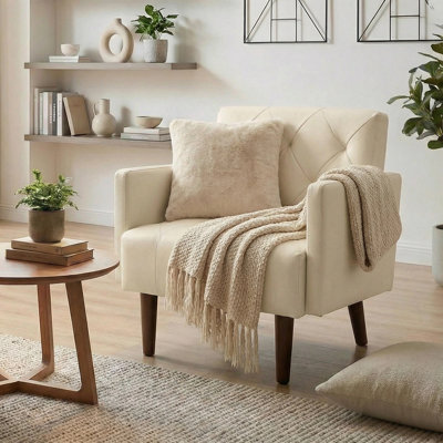 Chaise d'appoint en similicuir, fauteuil de style Mid-Century moderne pour le salon, fauteuil capitonné, canapé simple, coussin en mousse à haute densité, pieds en bois massif pour la maison, la chambre à coucher, le bureau et la réception