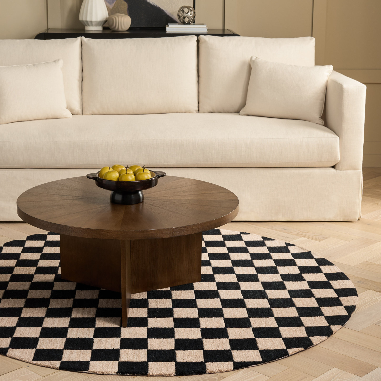 Freesia Black Beige Hand-Tufted Checkered Rug, Round 6'